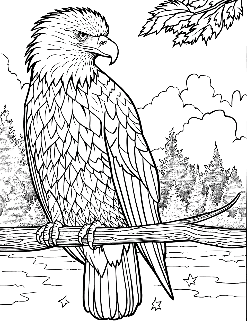 Bald Eagle Near a Lake Independence Day Coloring Page - A majestic bald eagle perched on a tree branch near a serene lake, with a soft forest background.