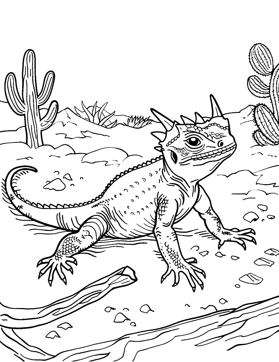 Horned Lizard in the Desert Coloring Page - A horned lizard on a sparse desert ground with a few scattered cacti around.