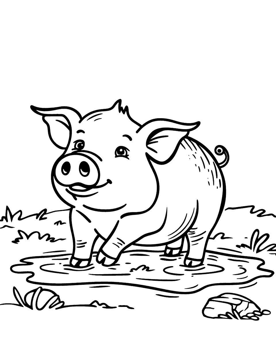 Happy Pig in Mud Coloring Page - A cheerful pig rolling happily in a large, muddy puddle.