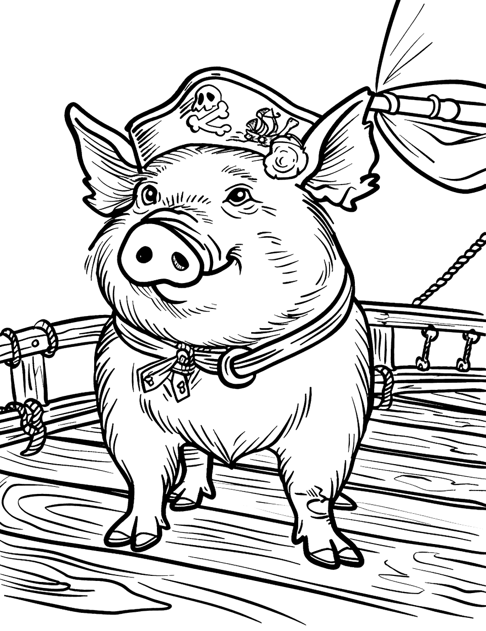 Pirate Pig on a Ship Coloring Page - A pig dressed as a pirate stands on the deck of a pirate ship.