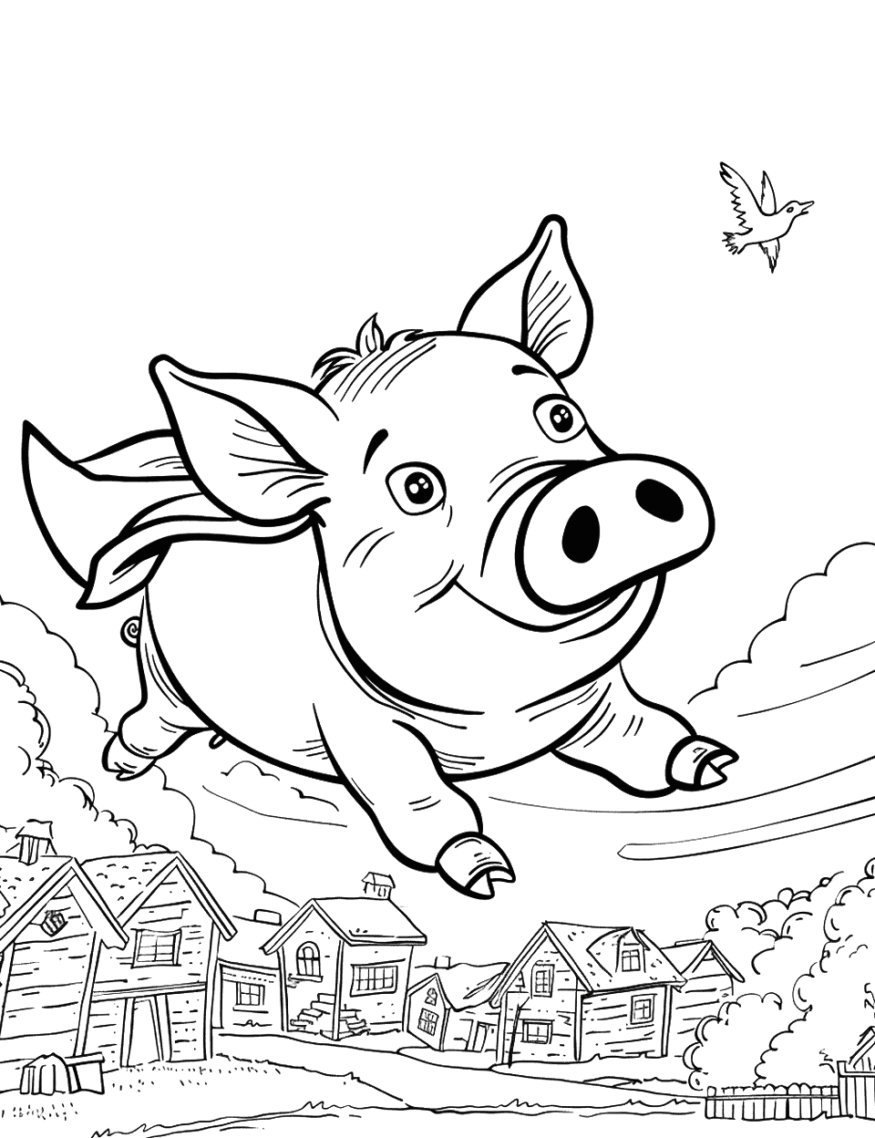 Super Pig to the Rescue Coloring Page - A pig in a superhero cape flies over a small town.