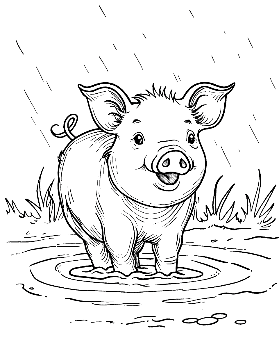 Pig in a Puddle After Rain Coloring Page - A pig splashes joyfully in a puddle after a rainfall.