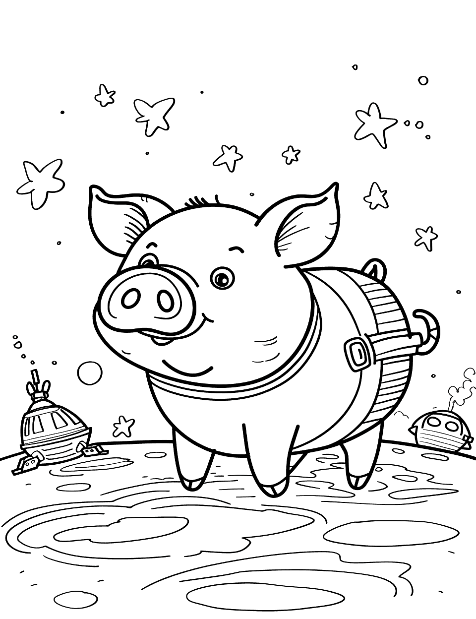 Pig in Space with Stars Coloring Page - A pig in a spacesuit floats near a spaceship with stars in the background.