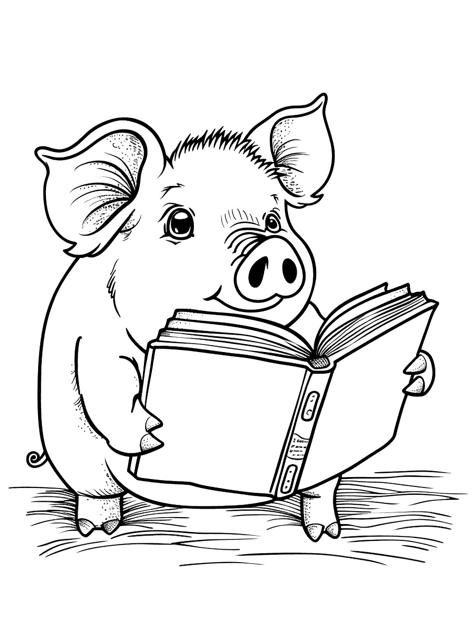 Storybook Pig with a Magic Book Coloring Page - A pig reads a large, open magical book.