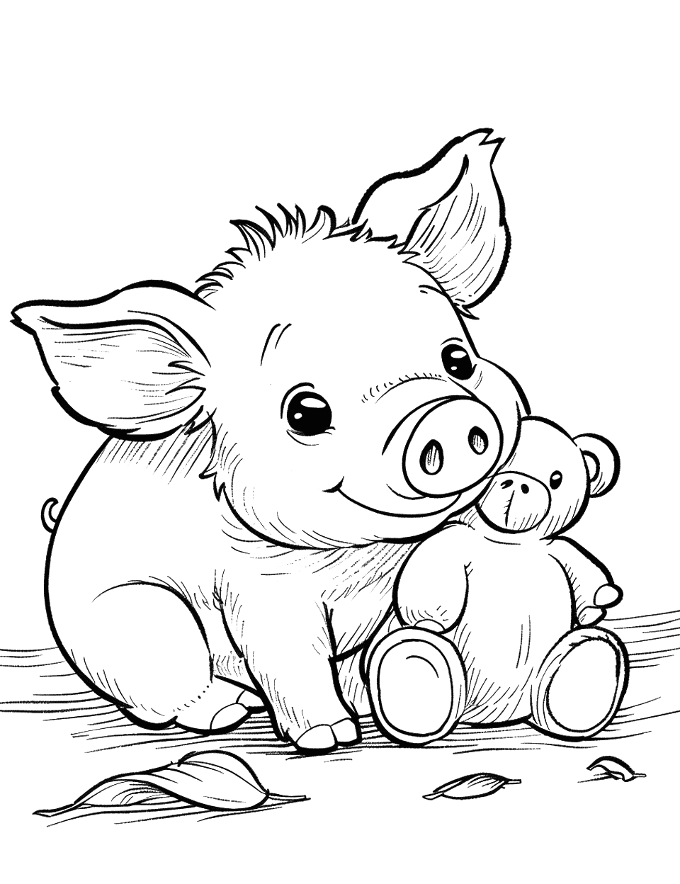 Cute Piglet with a Teddy Bear Pig Coloring Page - A small piglet hugs a teddy bear in a cozy corner.