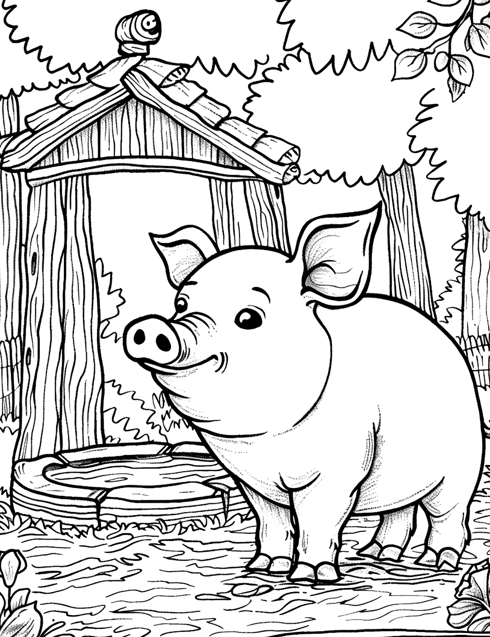 Fairy Tale Pig by a Wishing Well Coloring Page - A pig stands next to a wishing well in a forest.