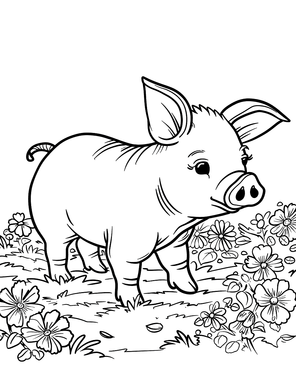 Pig Gardener Coloring Page - A pig checking out its flowers in a small garden patch.