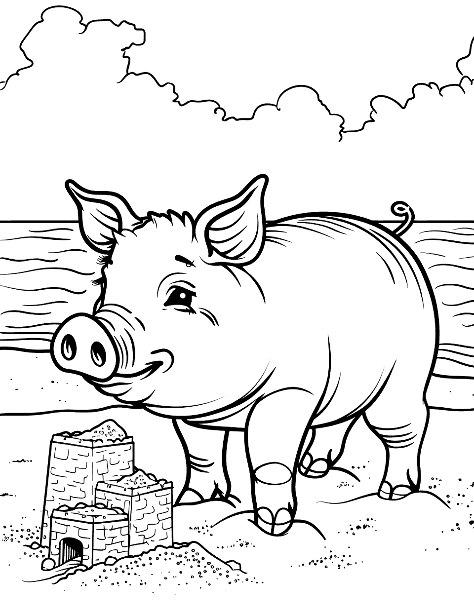 Pig at the Beach Coloring Page - A pig builds a sandcastle at the seaside.