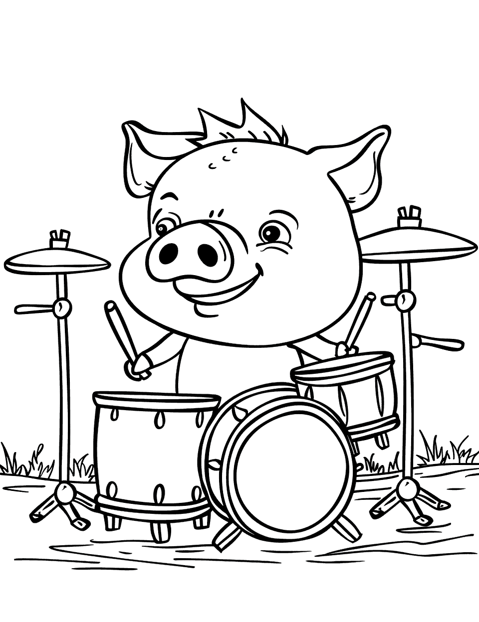 Pig Playing the Drums Coloring Page - A pig plays a drum set in a music room.