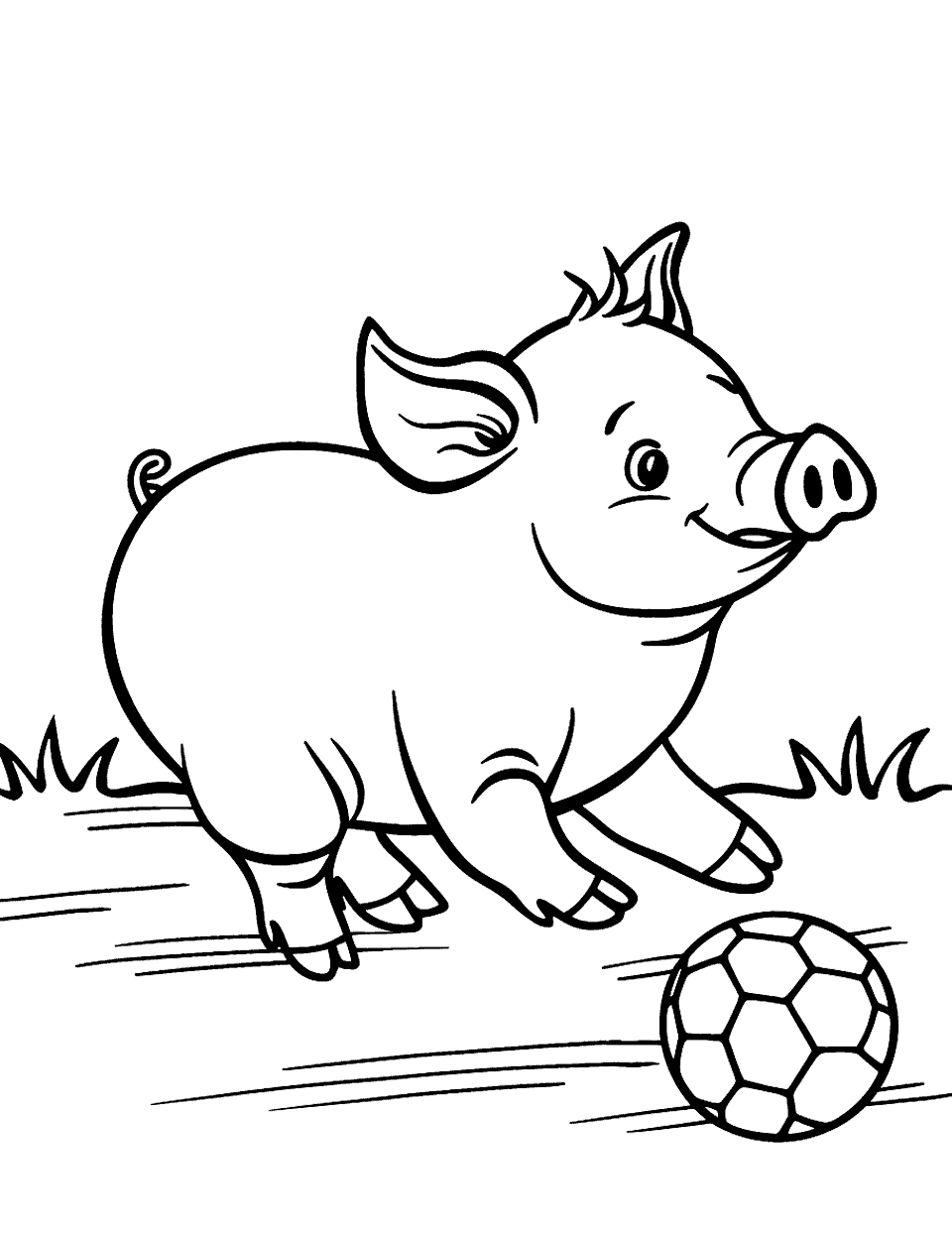 Piggy Playing Soccer Pig Coloring Page - A pig kicking a soccer ball in an open field.