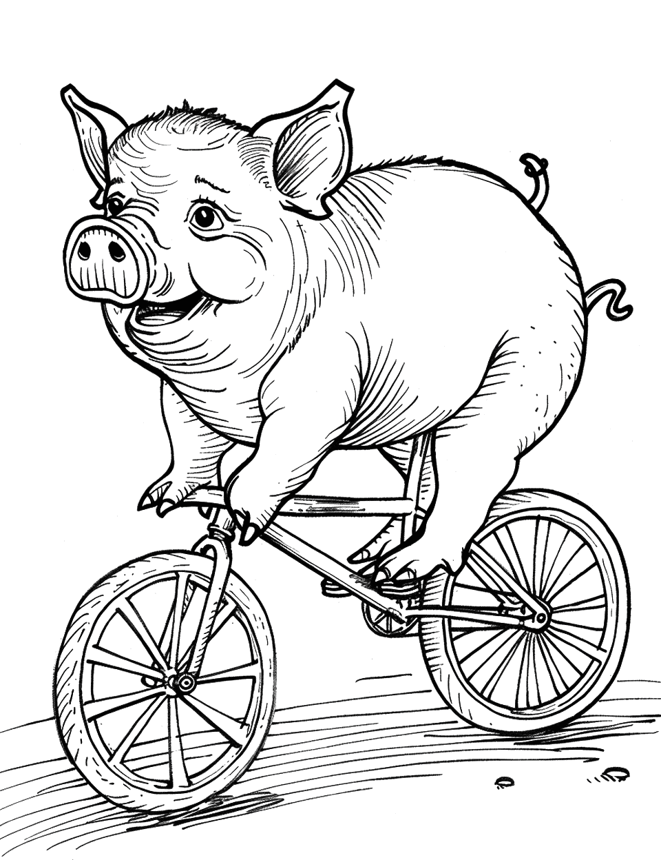 Pig on a Bicycle Coloring Page - A pig rides a bicycle.