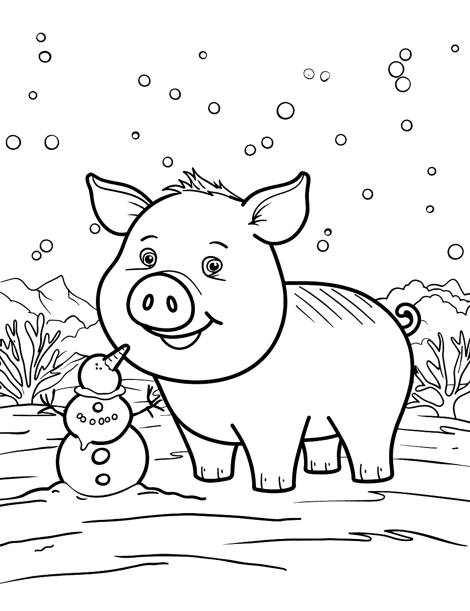 Pig and a Snowman Coloring Page - A pig builds a snowman in a snowy field.