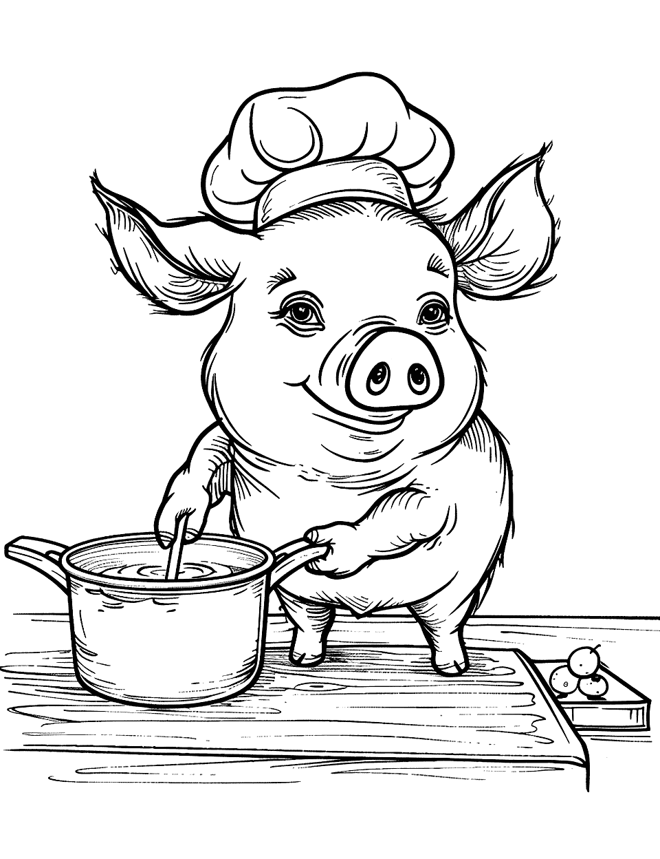 Pig as a Chef Coloring Page - A pig wearing a chef hat stirs a pot in a kitchen.