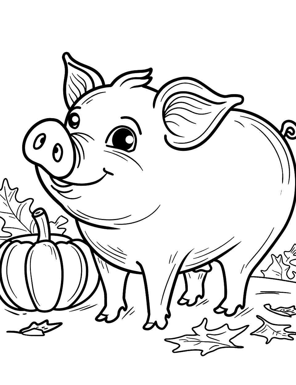 Pig with a Pumpkin Coloring Page - A pig stands next to a big pumpkin in the fall.