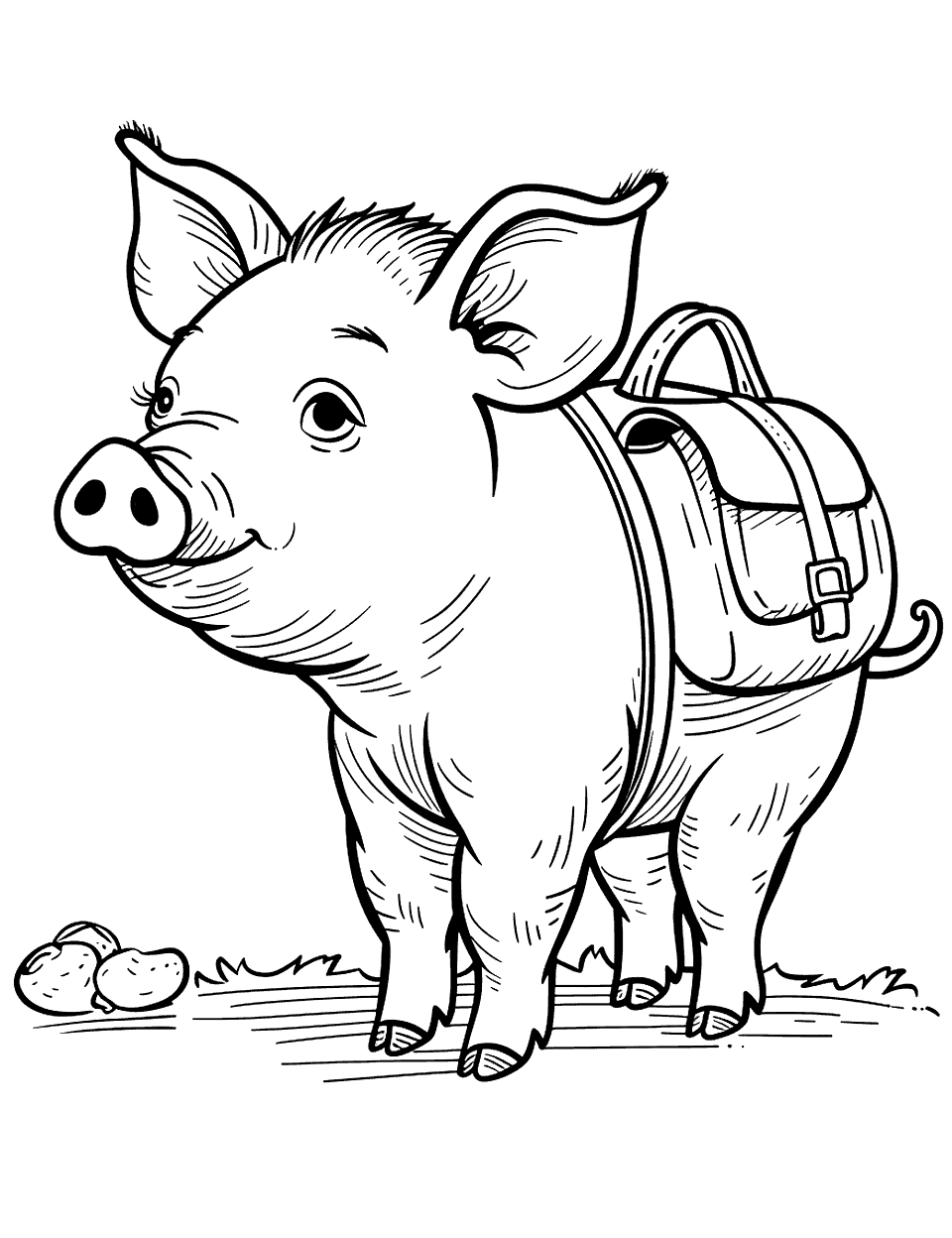 Pig with a Backpack Coloring Page - A pig walking to school with a backpack.