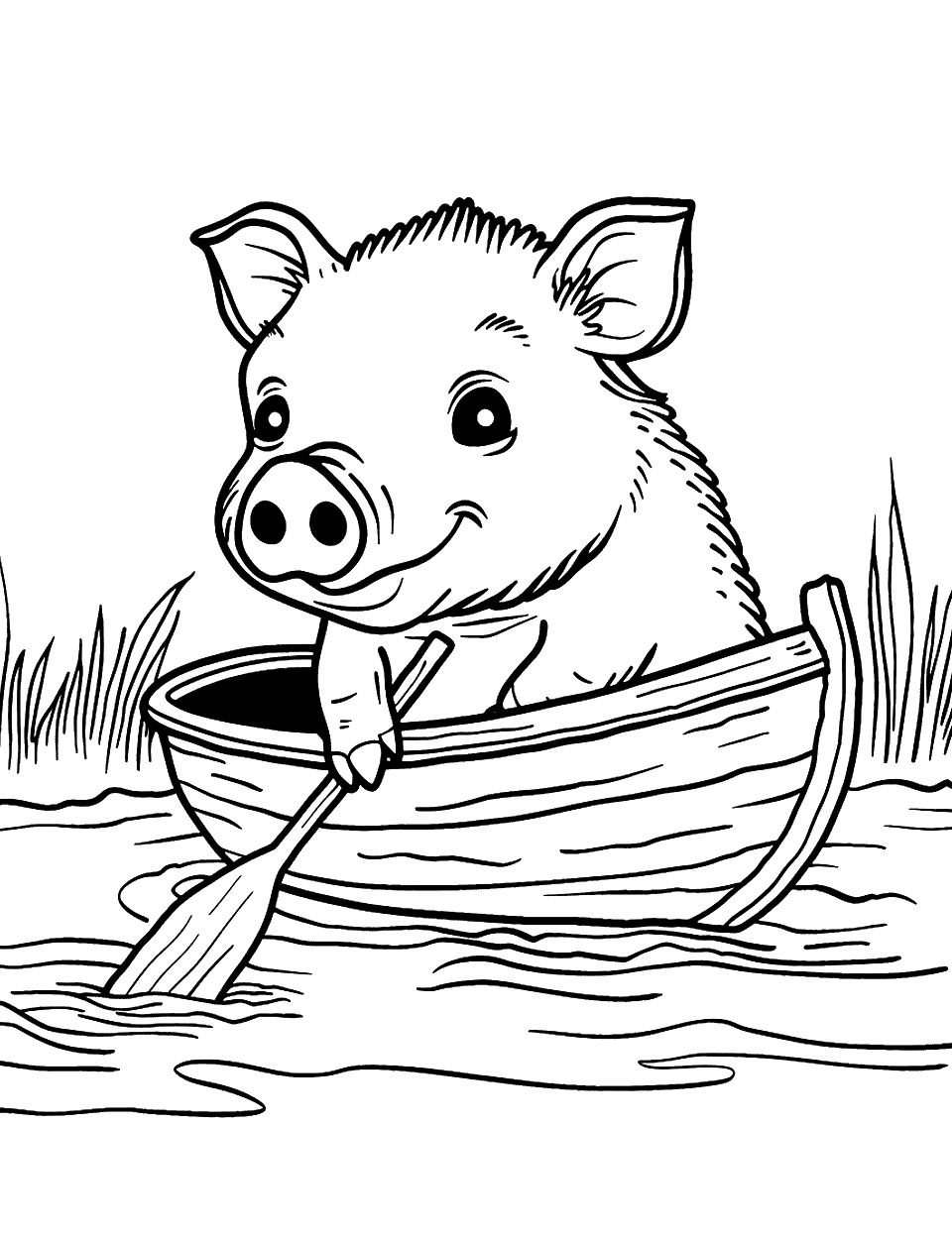 Pig in a Boat Coloring Page - A pig in a small boat on a calm pond.