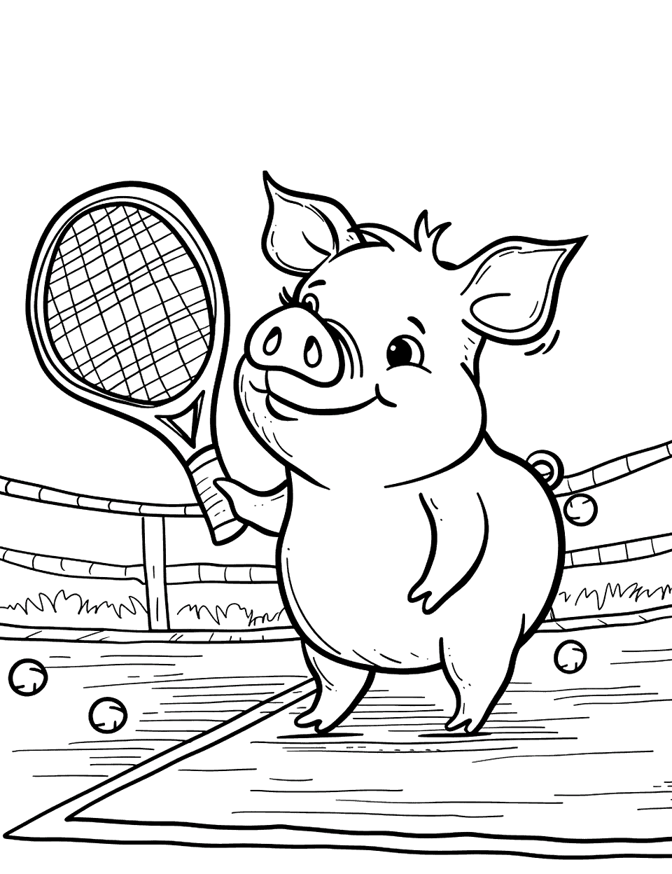 Pig Playing Tennis Coloring Page - A pig swings a tennis racket on a tennis court.