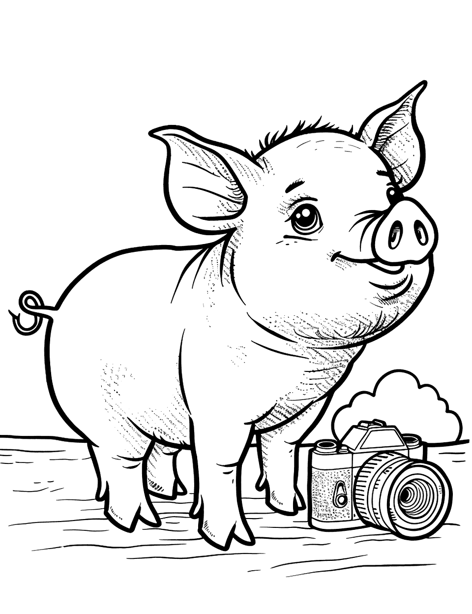 Pig with a Camera Coloring Page - A pig ready with a camera to take photos in a park.