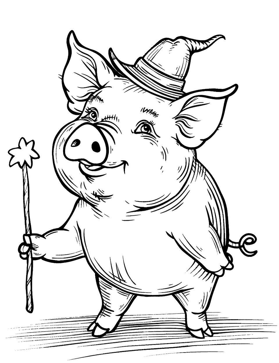 Pig as a Magician Coloring Page - A pig with a wand and a hat ready to perform a magic trick