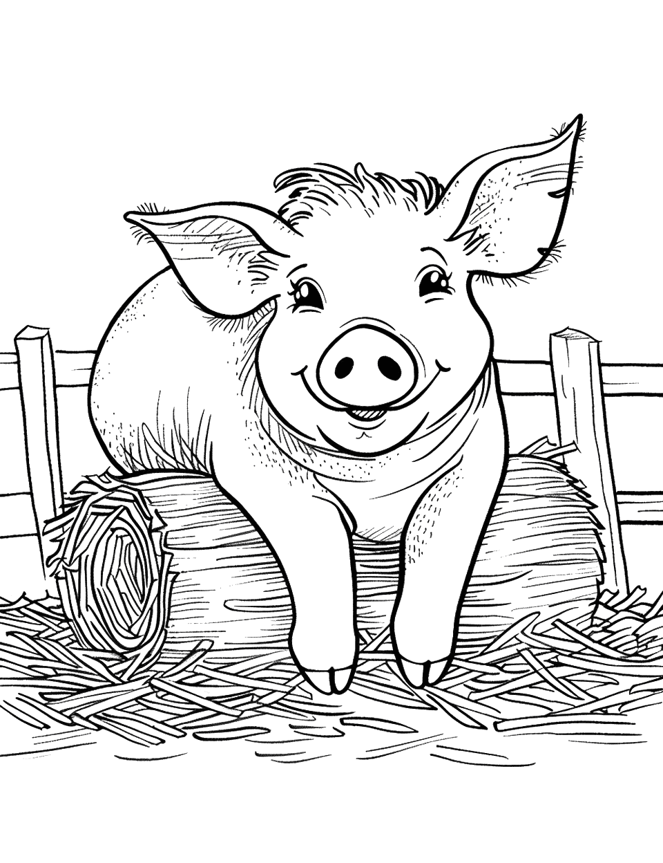 Pig on a Farm Coloring Page - A pig lounges in the farm barnyard with a hay bale.