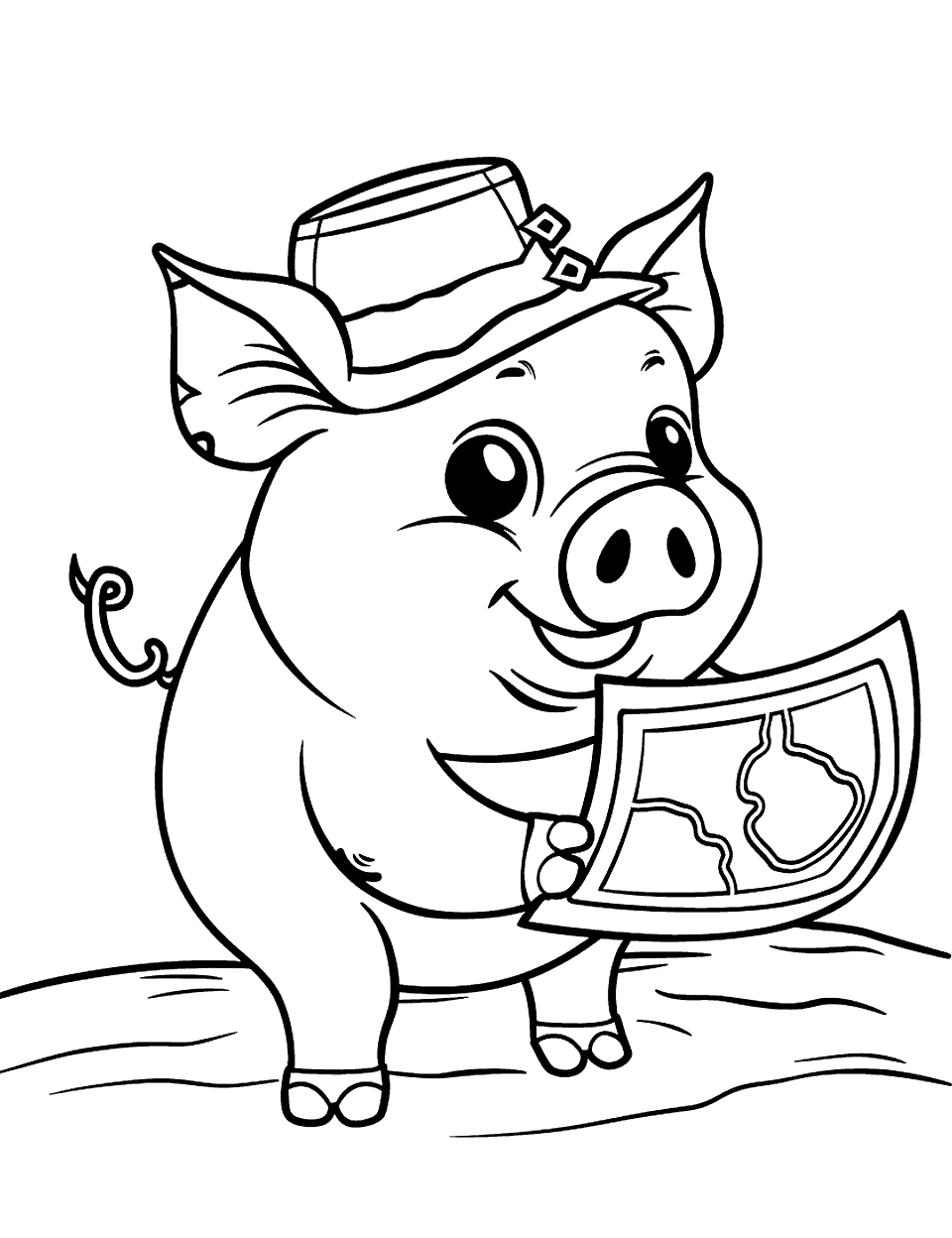 Pig with a Map Coloring Page - A pig holds a map and wears an explorer hat.