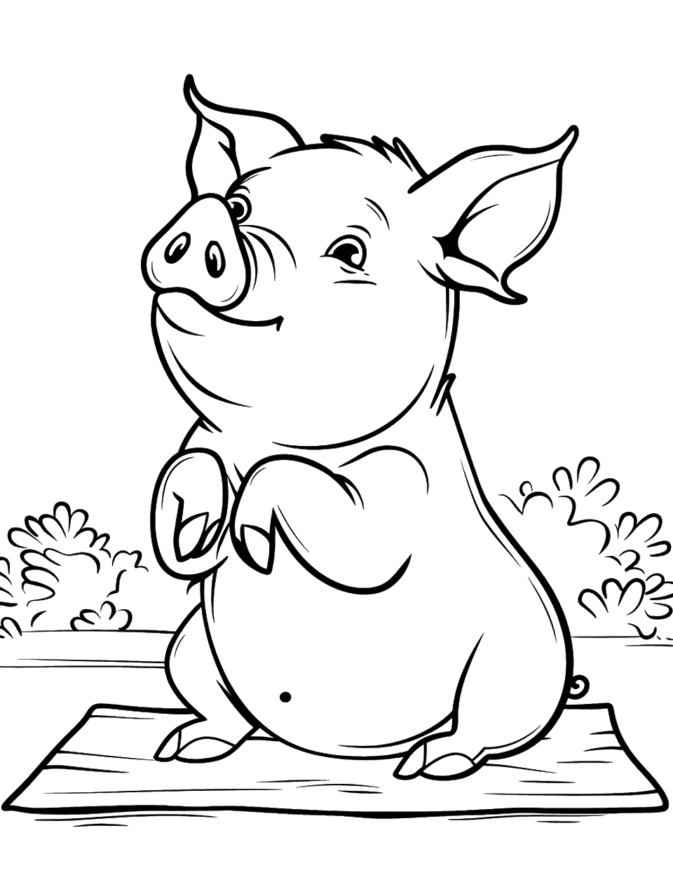 Pig Doing Yoga Coloring Page - A pig practices yoga poses in a tranquil setting.