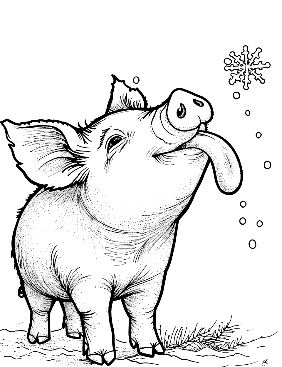 Pig with a Snowflake Coloring Page - A pig trying to catch snowflakes on its tongue during a snowfall.