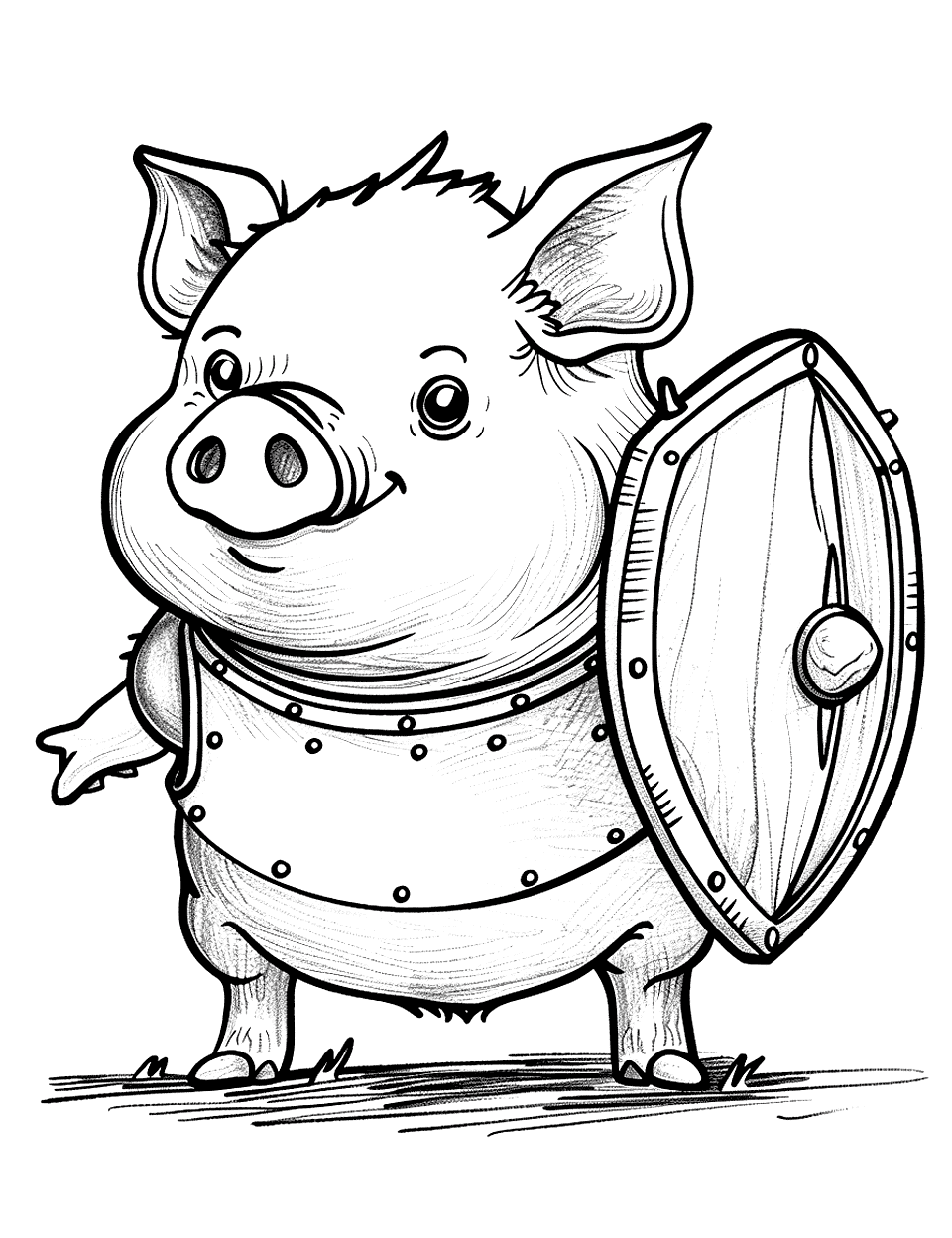 Pig as a Knight Coloring Page - A pig wears knight armor and holds a small shield.