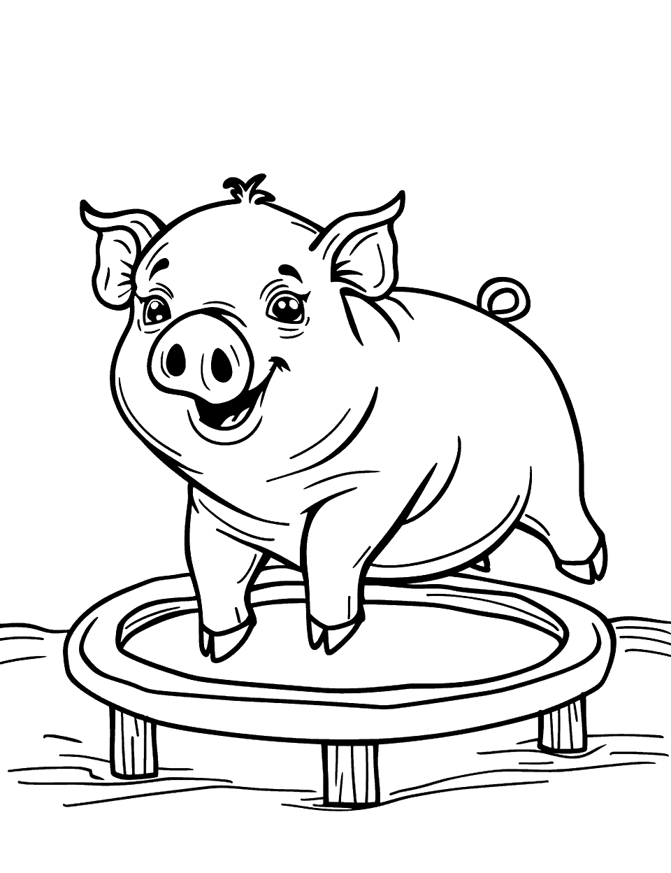 Pig on a Trampoline Coloring Page - A pig bounces on a trampoline.