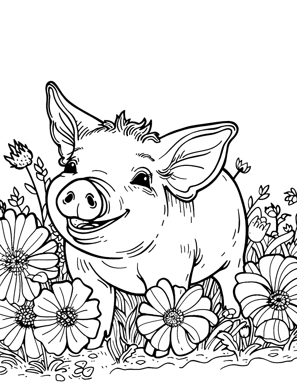 Smiling Pig with Flowers Coloring Page - A pig surrounded by a field of wildflowers, grinning broadly.