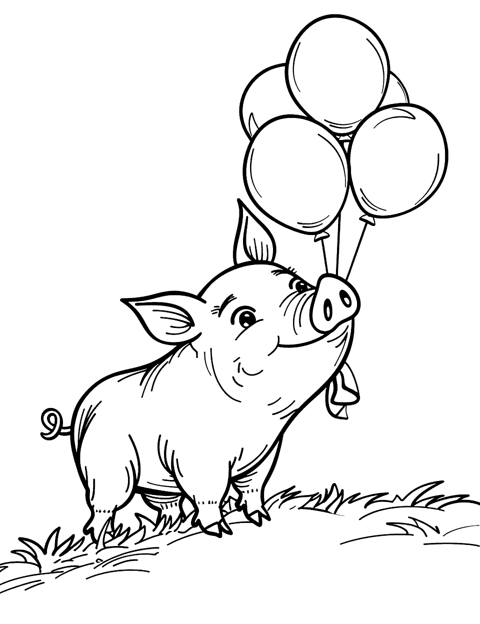 Pig with Balloons Coloring Page - A pig holds a bunch of balloons and stands on a grassy hill.