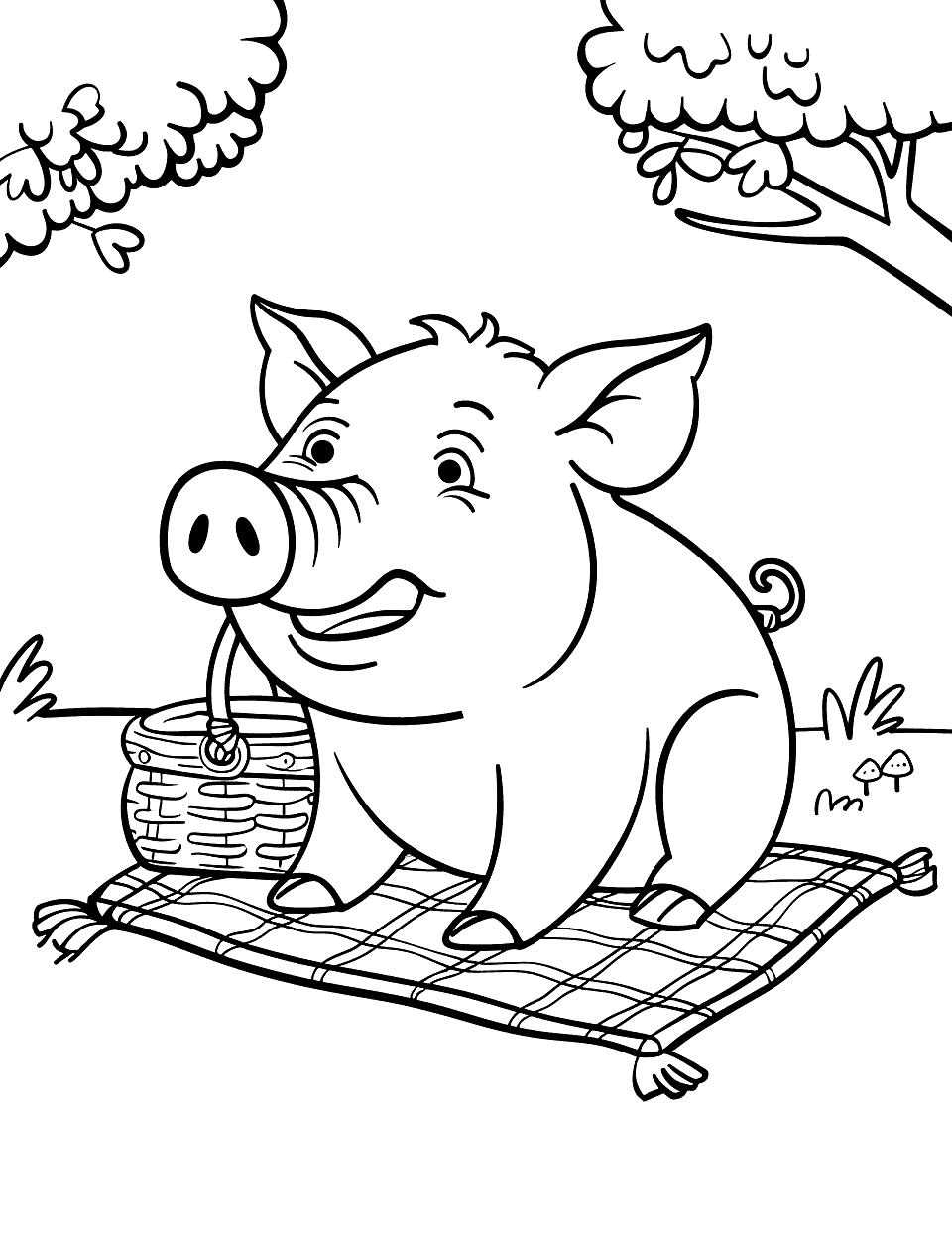 Picnic Pig Coloring Page - A pig sits on a picnic blanket with a picnic basket in a park.