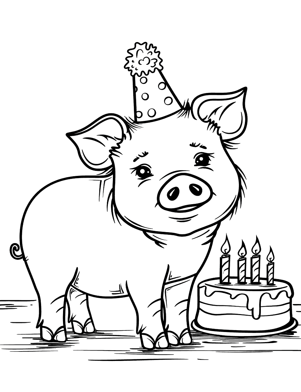 Birthday Pig Coloring Page - A pig wears a party hat and stands beside a cake with candles.