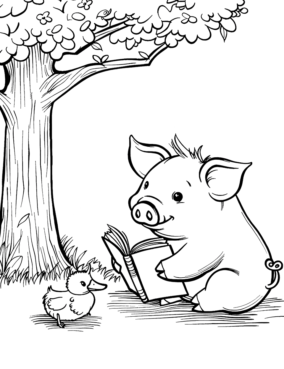 Pig and Friends Reading Coloring Page - A pig and a duckling sit together, reading a book under a tree.