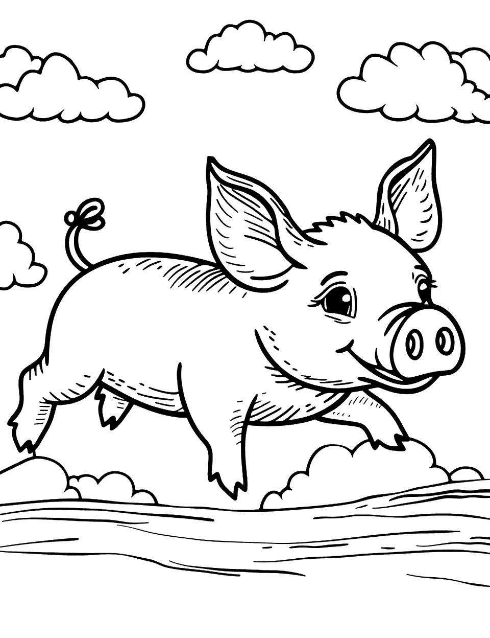 Flying Pig with Clouds Coloring Page - A pig flies among fluffy clouds in the sky.