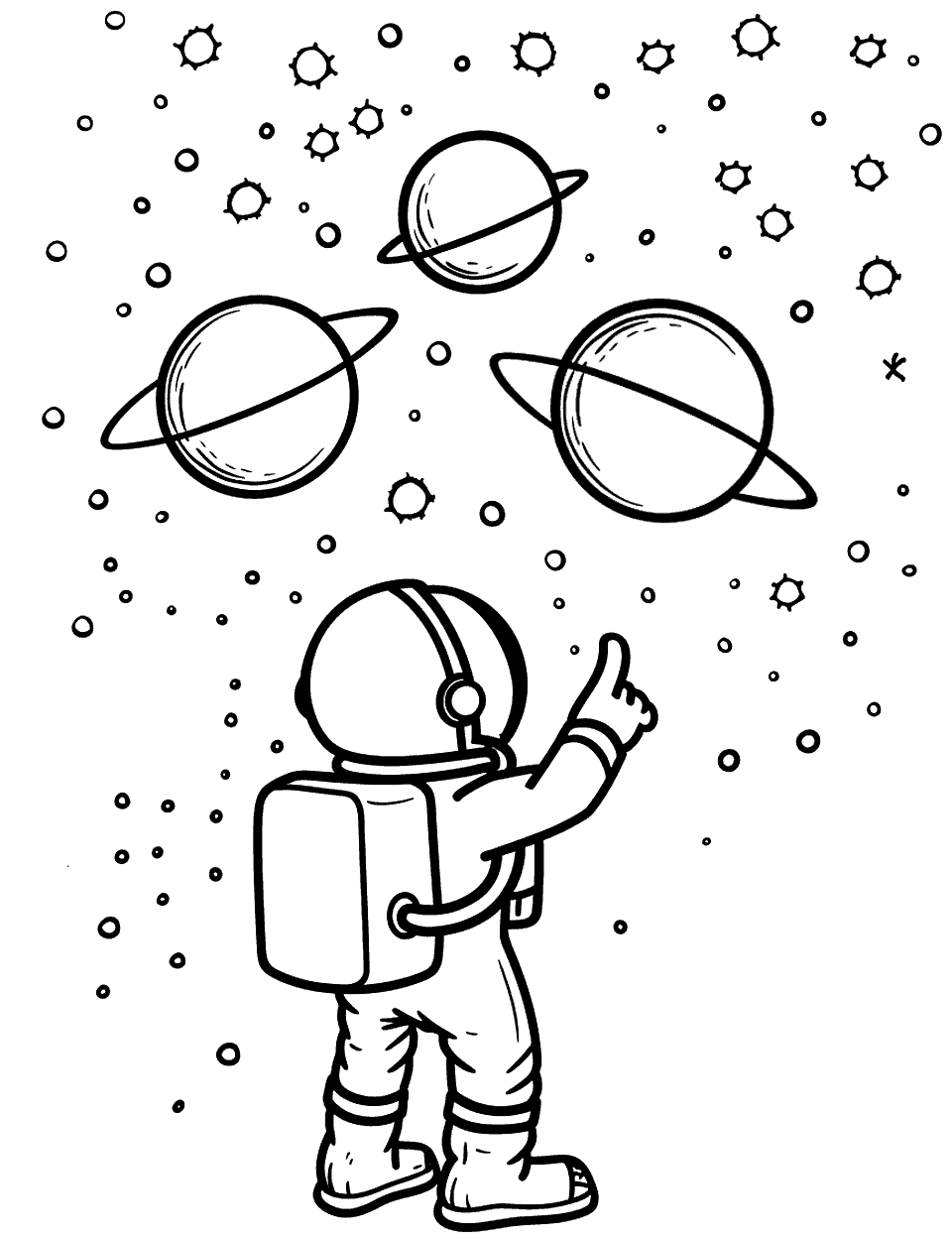 Solar System Exploration Science Coloring Page - A child wearing an astronaut suit pointing at planets of varying sizes floating around in space.