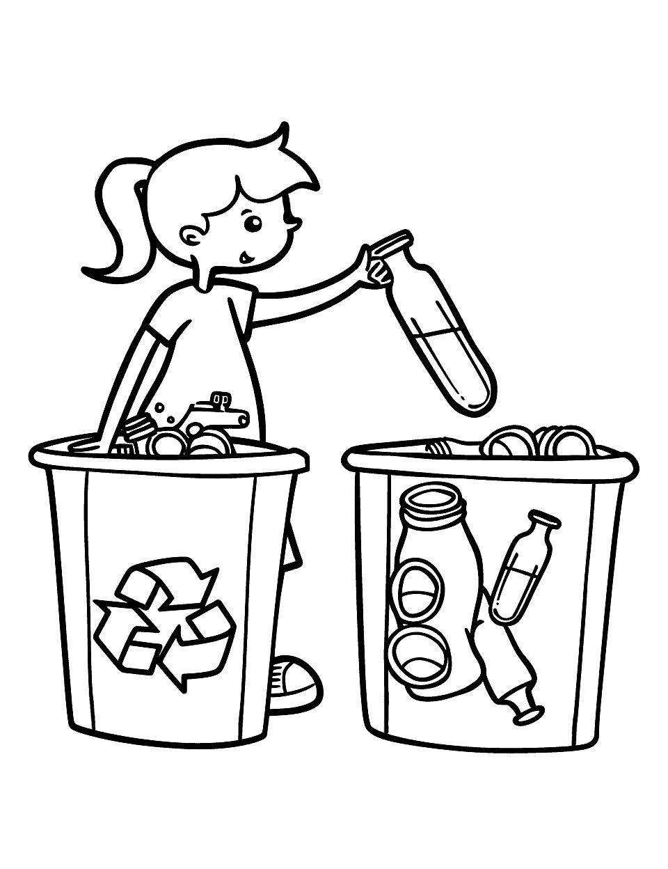 Recycling Awareness Science Coloring Page - A child sorting recyclables into labeled bins.