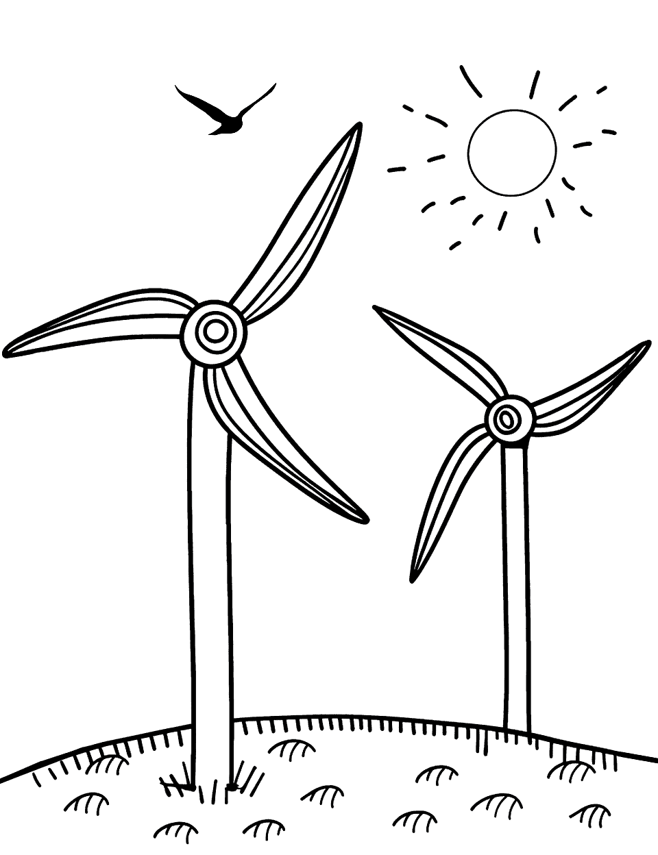 Renewable Energy Science Coloring Page - Wind turbines in a field with the sun shining brightly and birds flying in the background.