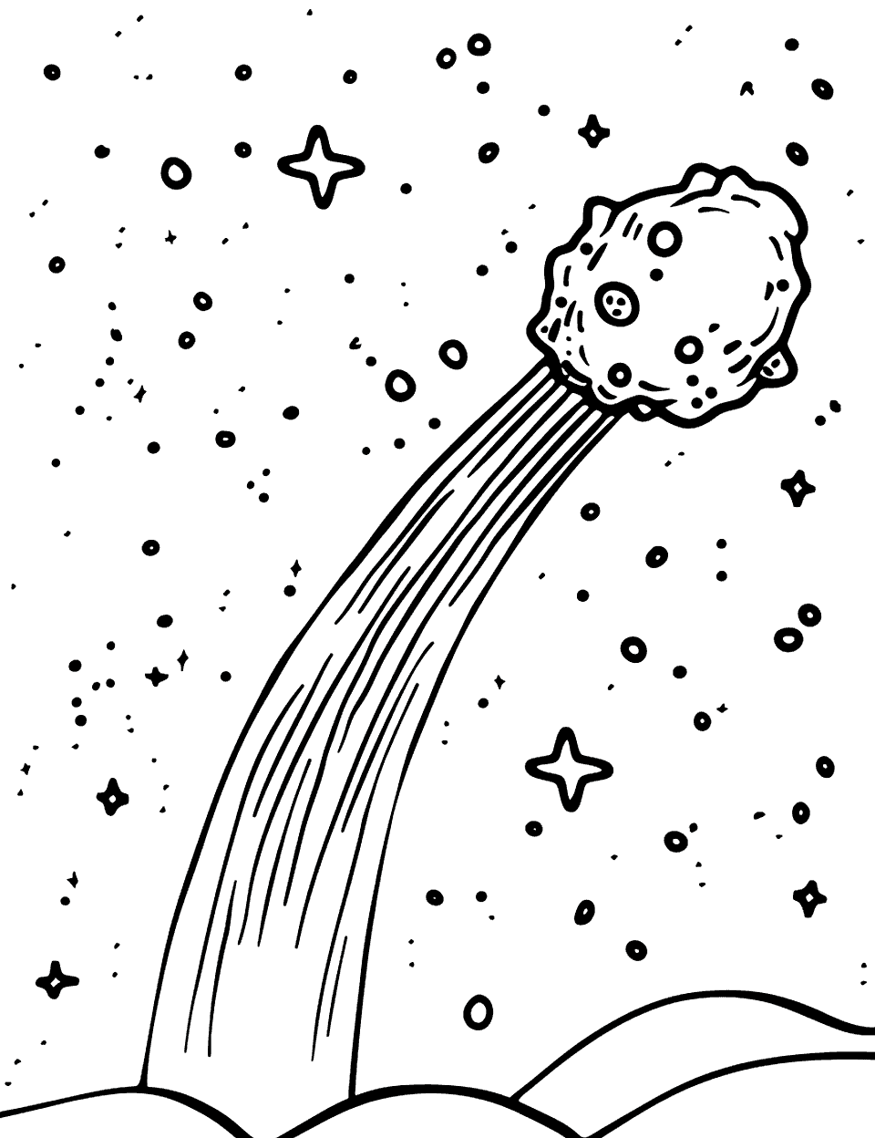 Comet in Space Science Coloring Page - A comet streaking through the night sky with its tail glowing brightly against stars.