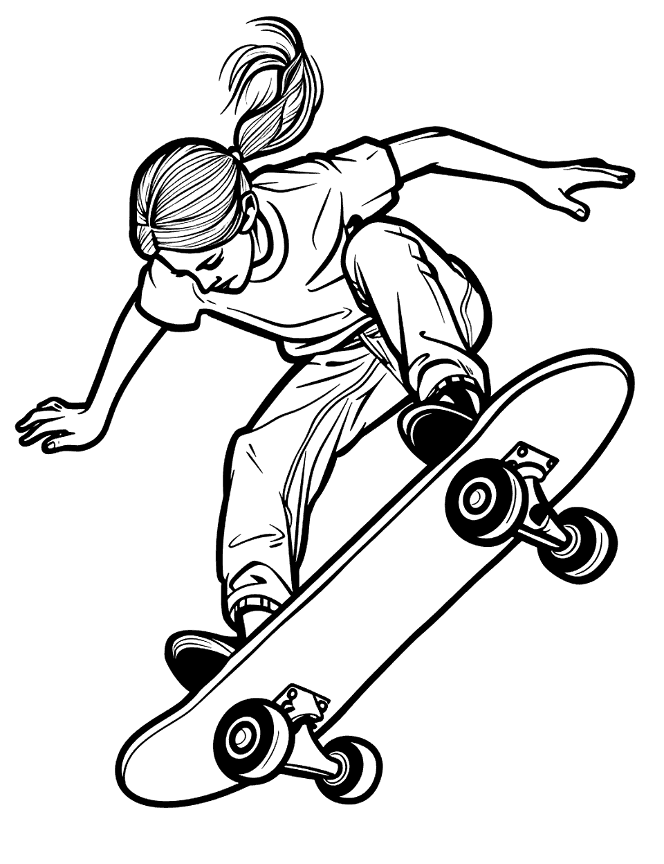 Physics of Motion Science Coloring Page - A skateboarder in motion down a slope illustrates the concepts of speed and acceleration.