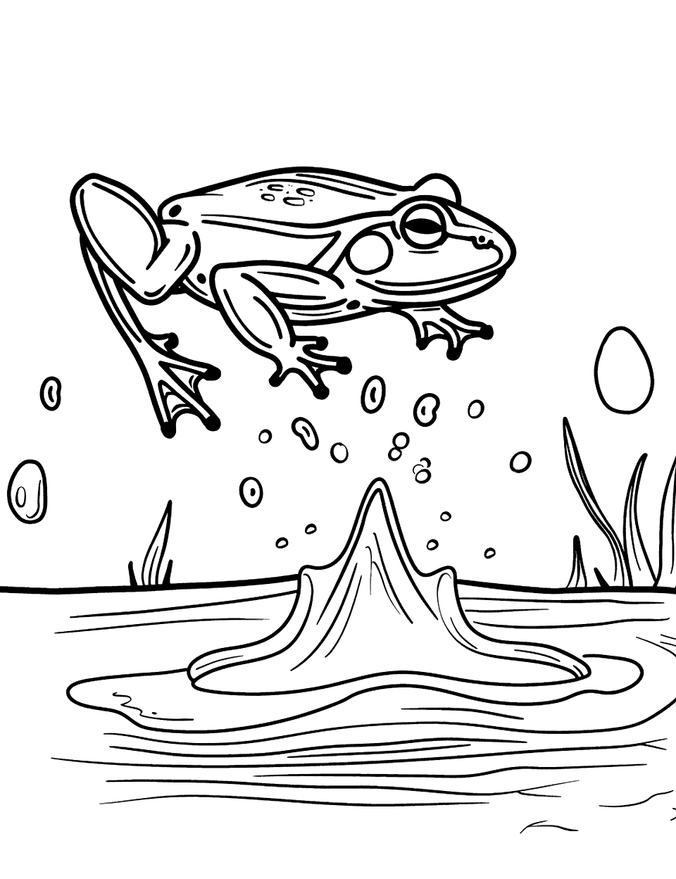 Frog Jumping Into a Pond Science Coloring Page - A frog in mid-jump diving into a pond with a big splash.