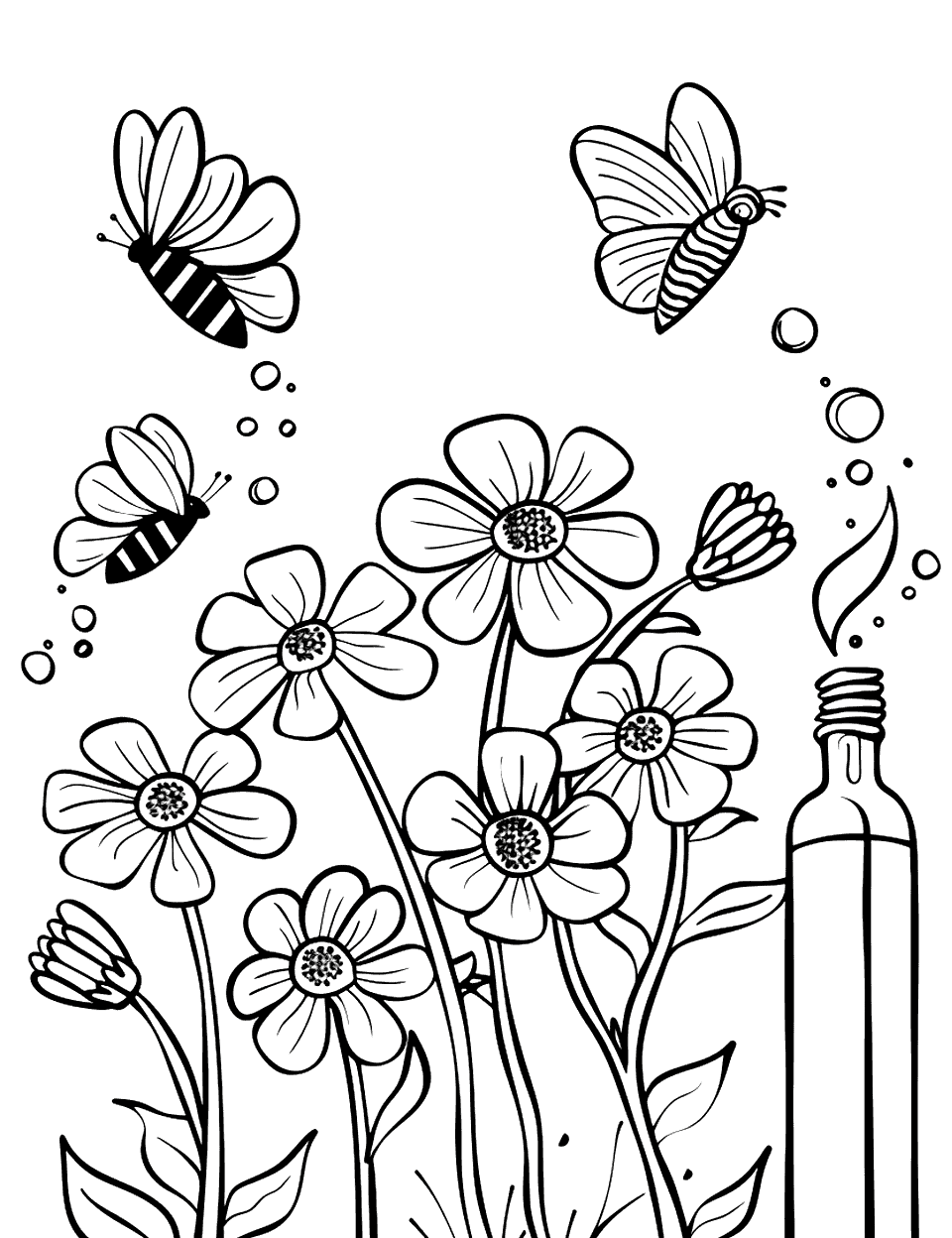 Garden Ecosystem Science Coloring Page - A garden scene showing different insects like bees and butterflies interacting with flowers.