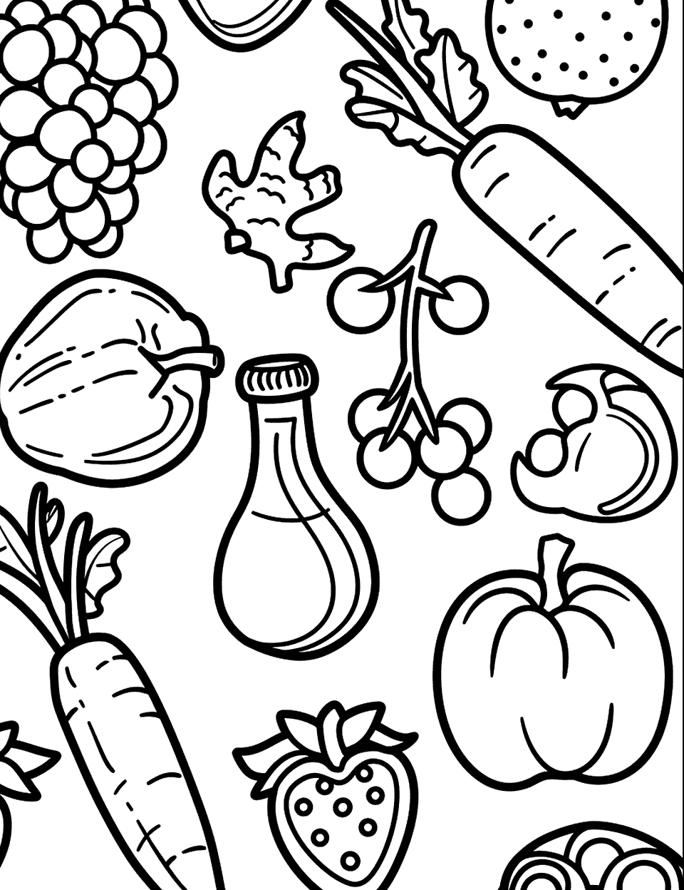 Nutrition and Health Science Coloring Page - Fruits and vegetables are laid out on a table, ready to be labeled with their health benefits.