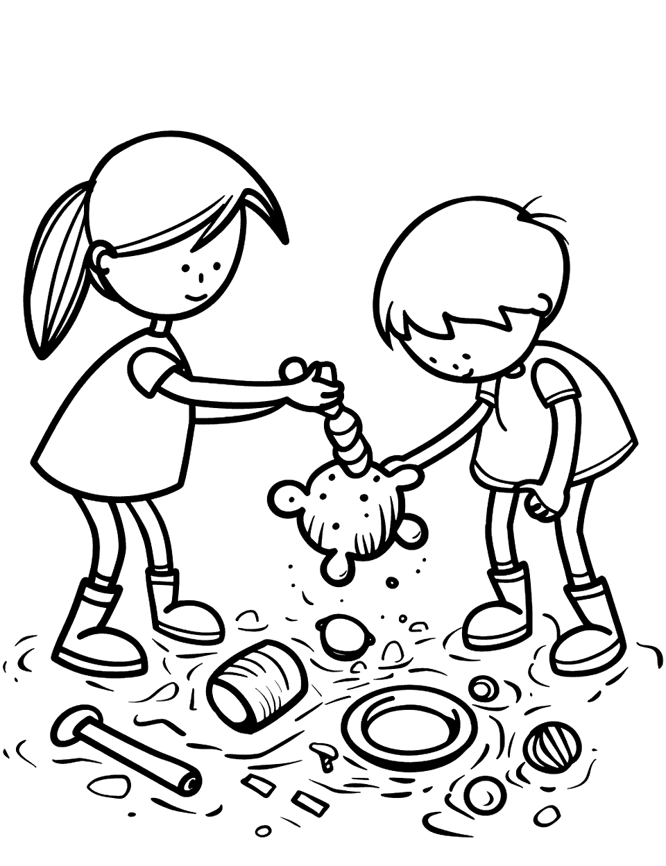 Archaeological Excavation Science Coloring Page - Children uncovering artifacts like pottery and bones in a dig site.