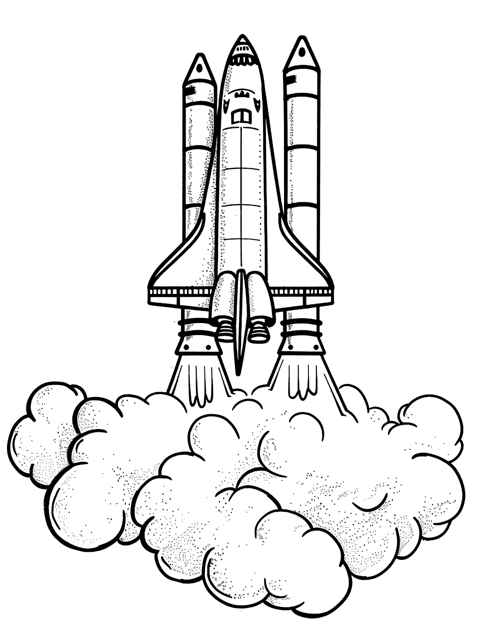 Space Shuttle Launch Science Coloring Page - A space shuttle in the process of launching, surrounded by clouds of smoke and flames.