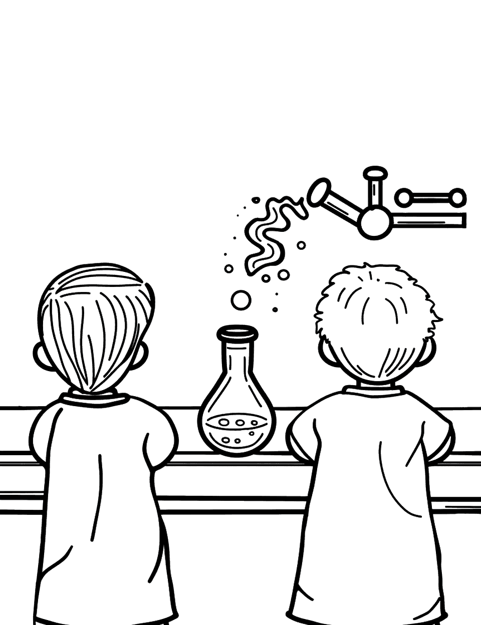 Chemical Reaction Experiment Science Coloring Page - Two children in a science lab watching a chemical reaction in a beaker.