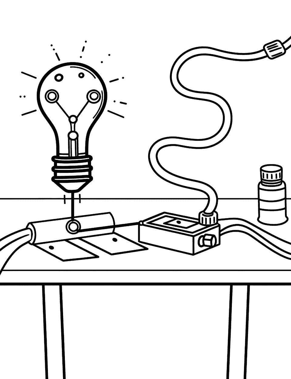 Electric Circuit Fun Science Coloring Page - A simple electric circuit on a table, complete with a battery, wires, and a small light bulb that’s lit.