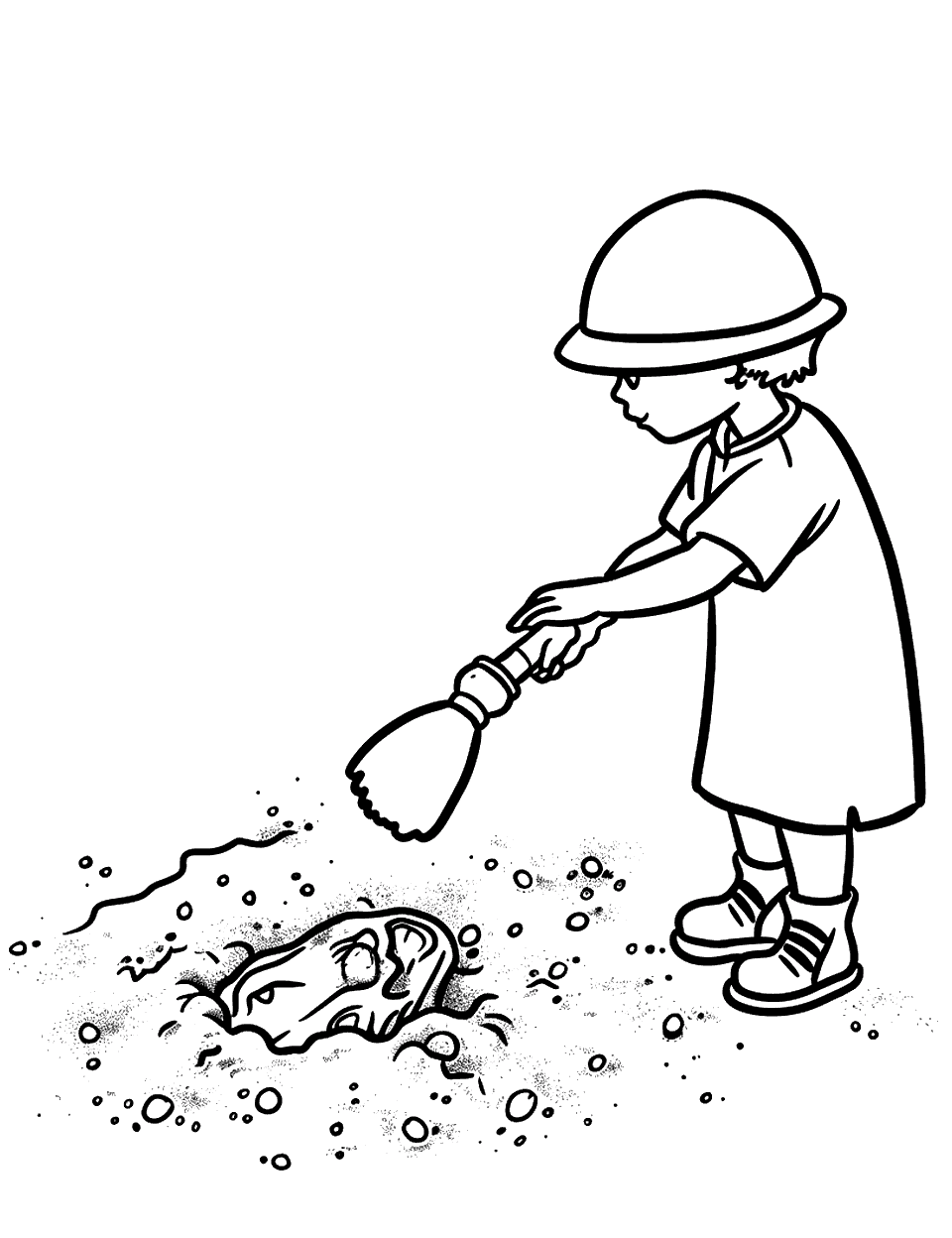 Dinosaur Dig Site Science Coloring Page - A child dressed as a paleontologist gently brushing dust off a dinosaur fossil embedded in the ground.