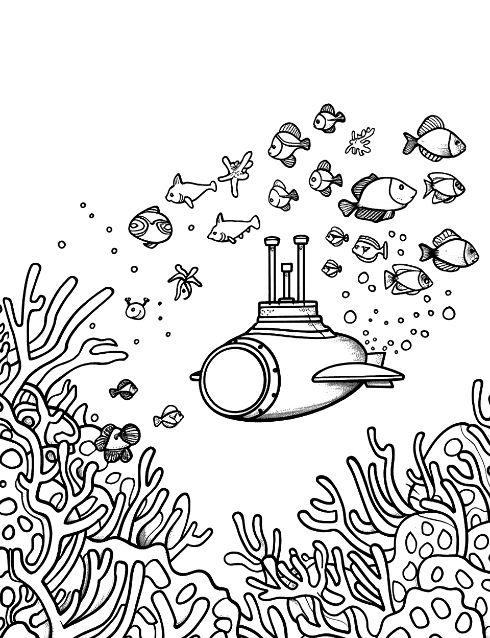 Ocean Depths Exploration Science Coloring Page - A submarine observing a coral reef with a variety of fish swimming around.