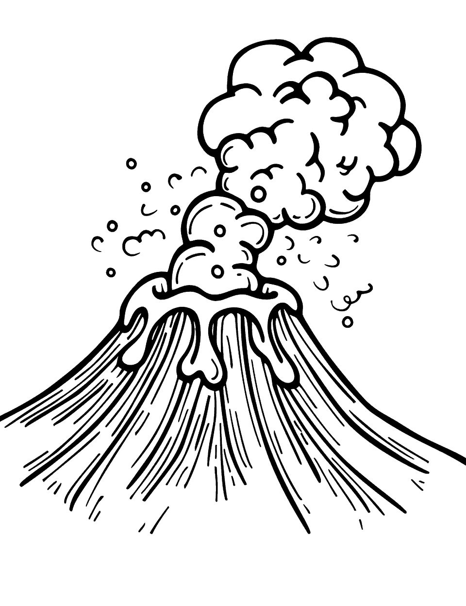 Volcano Eruption Science Coloring Page - A volcano erupts with lava flowing down and ash clouds above.